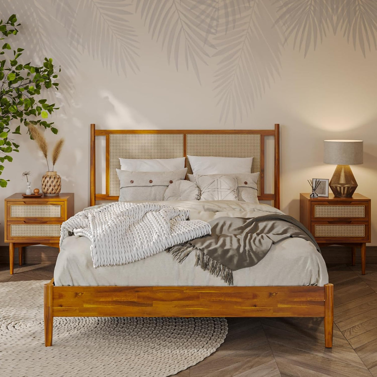 Bme Oliver Headboard Queen Size Bed Frame - 15-Inch Signature Design with Rattan Headboard, Bohemian and Mid Century Style, 12-Slat Wood Support, No Box Spring Needed - Easy Assembly, Caramel Bme