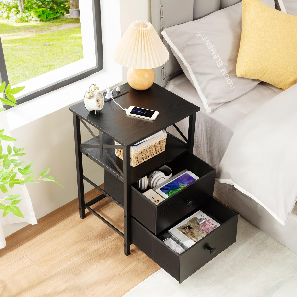 AMHANCIBLE Night Stand Set 2, Black Nightstand with Charging Station, End Tables Living Room with USB Ports and Outlets, Bedside Table with Fabric Drawers for Bedroom, HET05XBK AMHANCIBLE