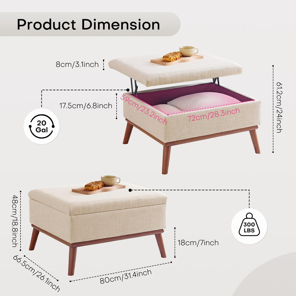 Redlife Ottoman Coffee Table, 31" Wide Rectangular Large Ottoman with Storage, Lift Top Ottoman Coffee Table Mid Century Modern Rectangle Coffee Tables for Living Room (Beige Rectangle) Redlifeᅟᅠ