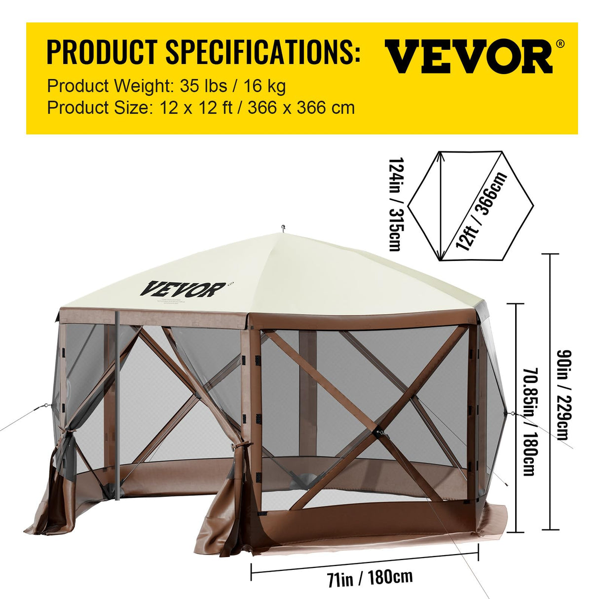 VEVOR 12 * 12ft 6 Sided Pop-up Canopy Shelter Tent with Mesh Windows, Portable Carry Bag, Stakes, Large Shade Tents for Outdoor Camping, Lawn and Backyard, Brown/Beige VEVOR