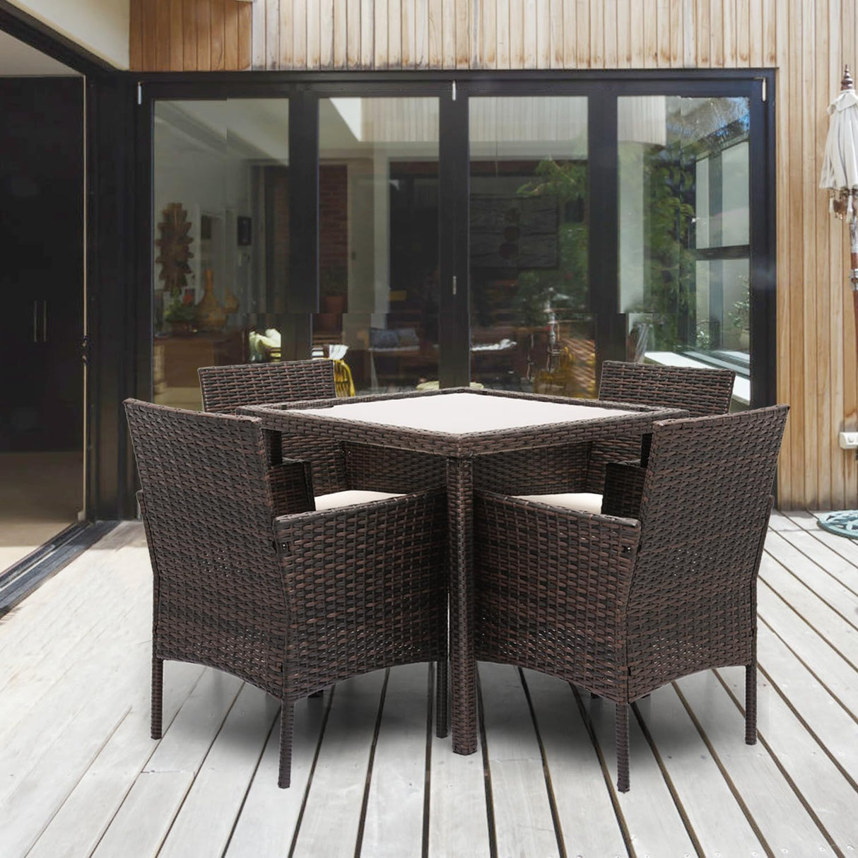 Magshion 5 Pieces Outdoor Patio Furniture Set with Thick Cushions, All-Weather Wicker Bistro Rattan Conversation Chairs with Glass Top Side Table for Garden Lawn Poolside Backyard Porch, 250lbs, Brown Magshion