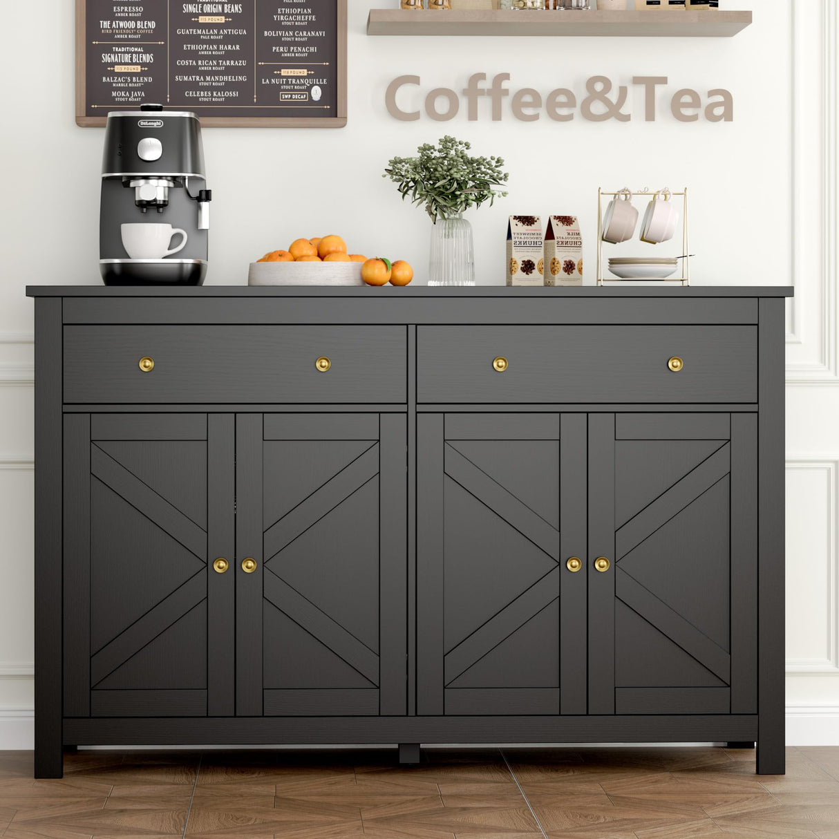 FOTOSOK Black Sideboard Buffet Cabinet with Storage, 55.1" Large Buffet Cabinet Kitchen Cabinet with 2 Drawers and 4 Doors, Farmhouse Coffee Bar Cabinet Buffet Table Sideboard Cabinet for Kitchen FOTOSOK