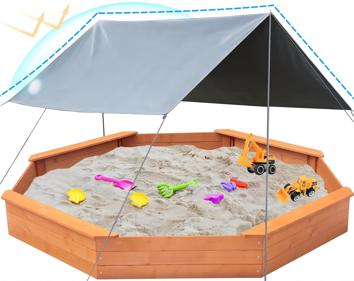 Luyitton Large Octagon Sandbox 84.5"x 77"x 9.02" Wooden Outdoor Kids Sand Pit with Canopy Tarp, Gift for Ages 2-8 Years Old Backyard Garden Easy Assembly luyitton