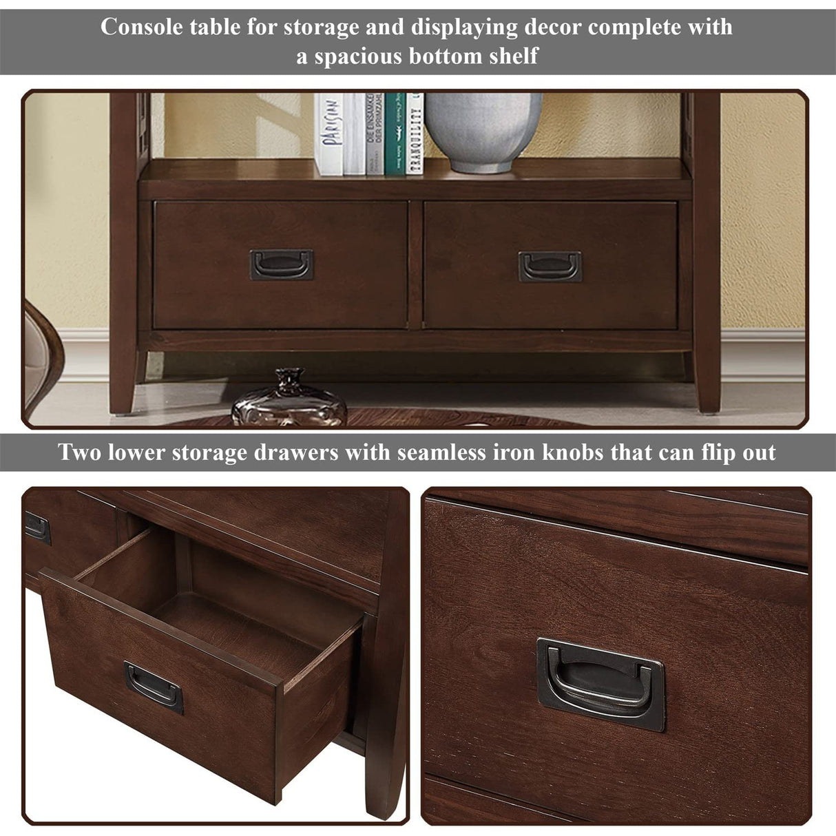 L“KeKe 36 Inch Country Farmhouse Console Table with 4 Drawers and 1 Storage Shelf Pine Wood Suitable for Entryway Entrance Living Room Bedroom Hallway Kitchen (Light espreso L“KeKe