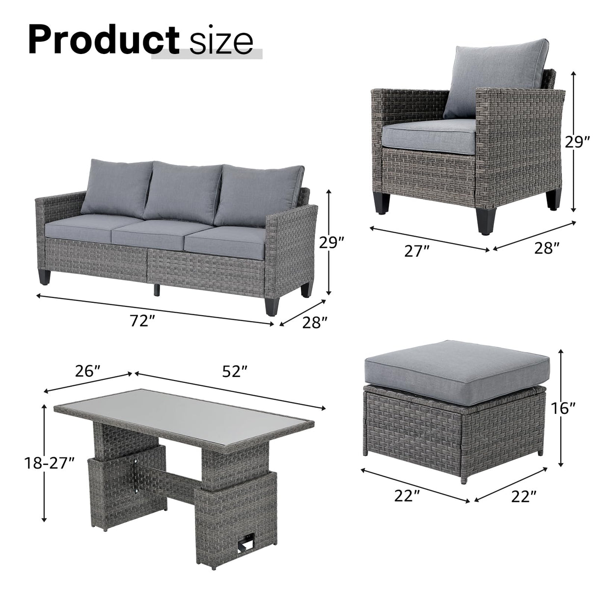 SUNSITT Outdoor Patio Furniture Set 6 Piece Wicker Conversation Set with Lift Coffee Table Sectional Dining Set 3 Seat Sofa Couch with Ottoman, Grey Wicker & Grey Cushion SUNSITT