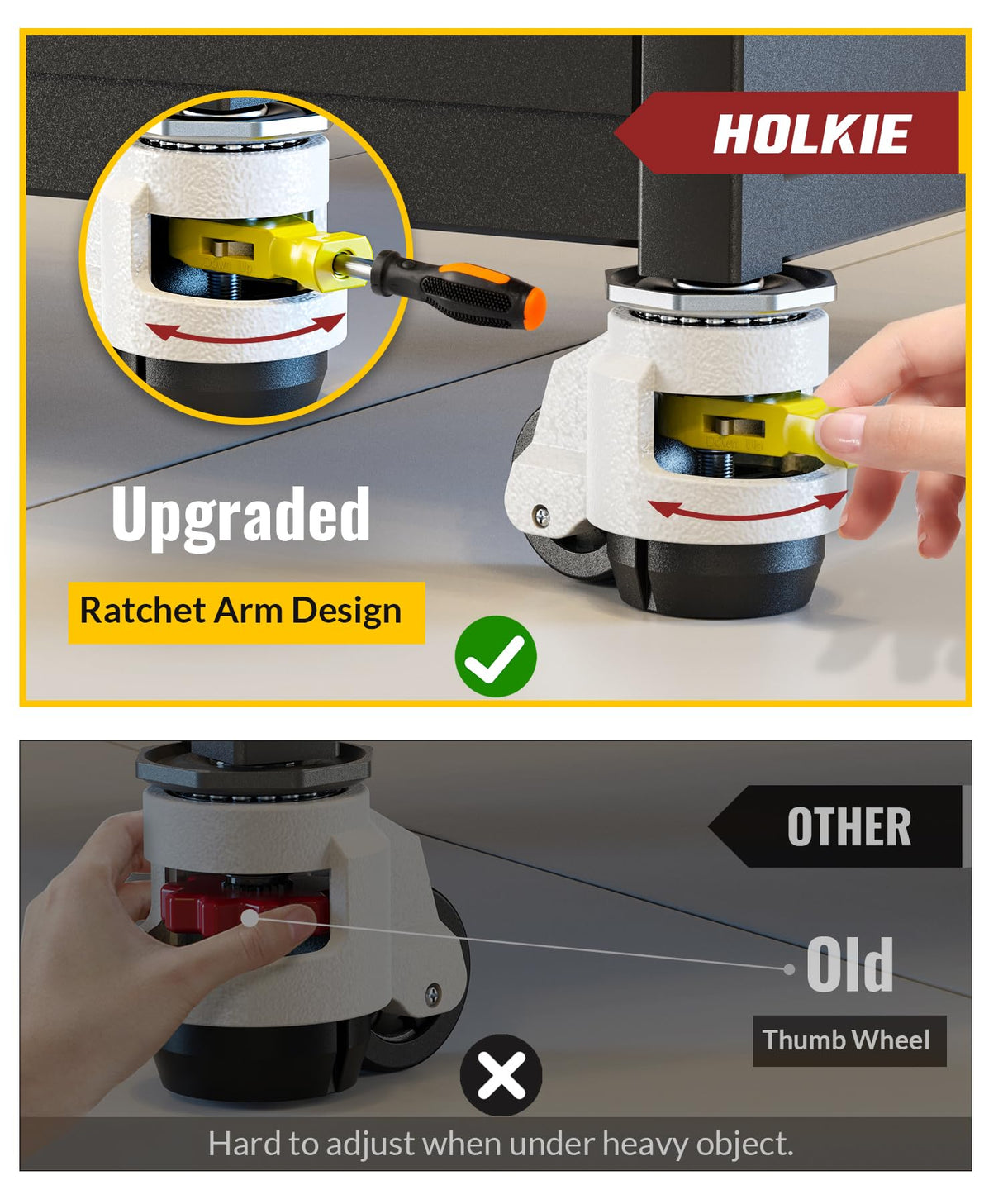 HOLKIE Leveling Stem Casters Set of 4 Heavy Duty Retractable Caster Wheels, 1/2" and M12 Stem Size, Total Capacity 2200 Lbs, Adjustable Wheel with Ratchet Handle for Workbench, Machine, Equipment HOLKIE