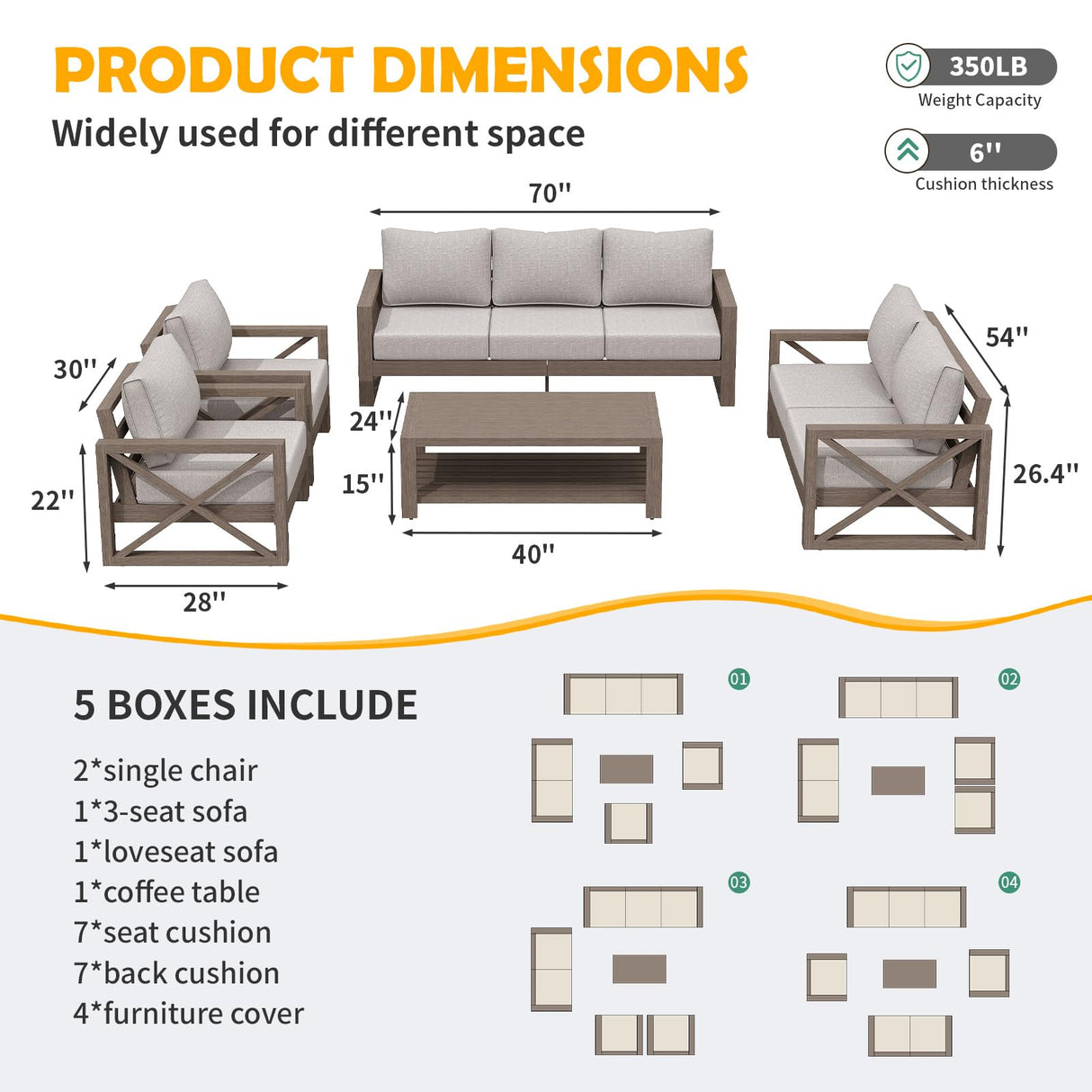 Amopatio Aluminum Patio Furniture Set, 8 Pieces Modern Metal Outdoor Furniture, Faux Wood Grain Finish Frame Patio Sofa Sets with 6" Cushion for Backyard, Beige (Included Waterproof Covers) Amopatio