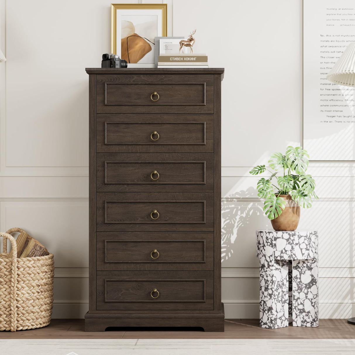 HOSTACK 6 Drawer Dresser, 52" Tall Chest of Drawers, Modern Farmhouse Storage Dressers Organizer for Living Room, Hallway, Entryway, Home Office, Dark Brown HOSTACK