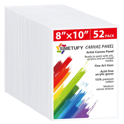 Simetufy Canvas Boards for Painting 52 Pack 8 x 10 Inch Blank Flat Canvas Panels 100% Cotton Pre-Primed for Acrylic & Oil Paint, Art Supplies for Kids & Adults