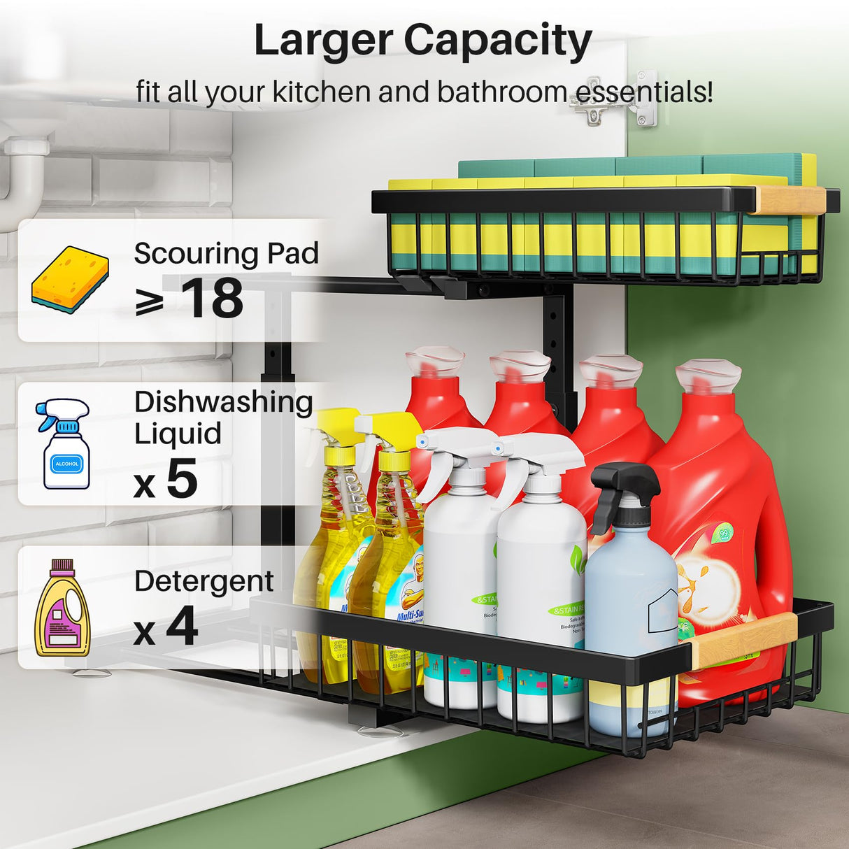 Under Sink Organizer, 2 Packs 2 Tier Under Sink Organizers and Storage, Slide Out Pull Out Cabinet Organizer Shelf, Metal Sliding Drawer for Kitchen Bathroom Pantry Cabinet Closet Organization Rack Kitstorack