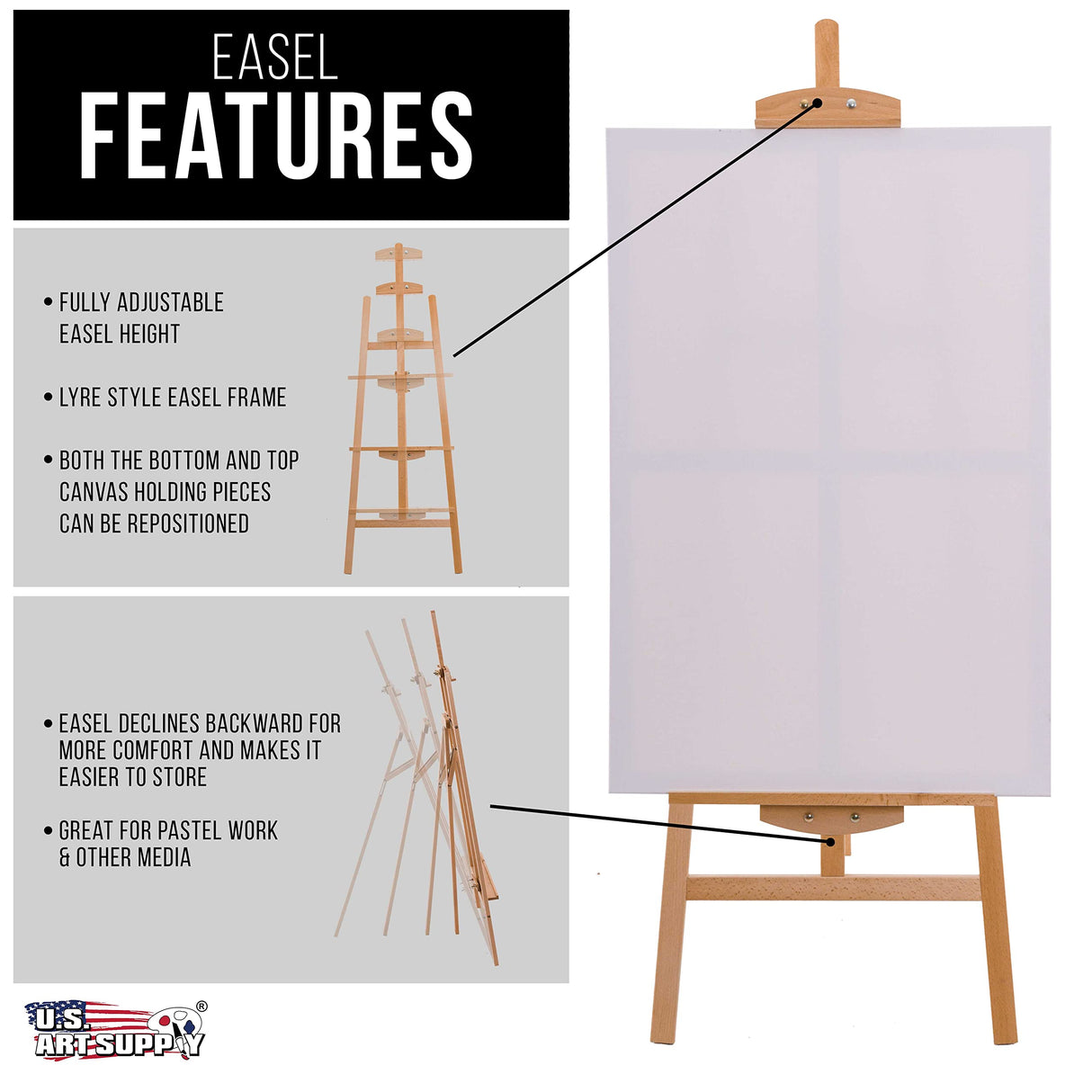 U.S. Art Supply 56" High Medium A-Frame Wood Easel, Lyre Style Studio - Artists Floor Stand, Sturdy Beechwood, Adjustable Height To 43" Canvas - Artwork Painting, Drawing, Sign Display Holder, Student U.S. Art Supply