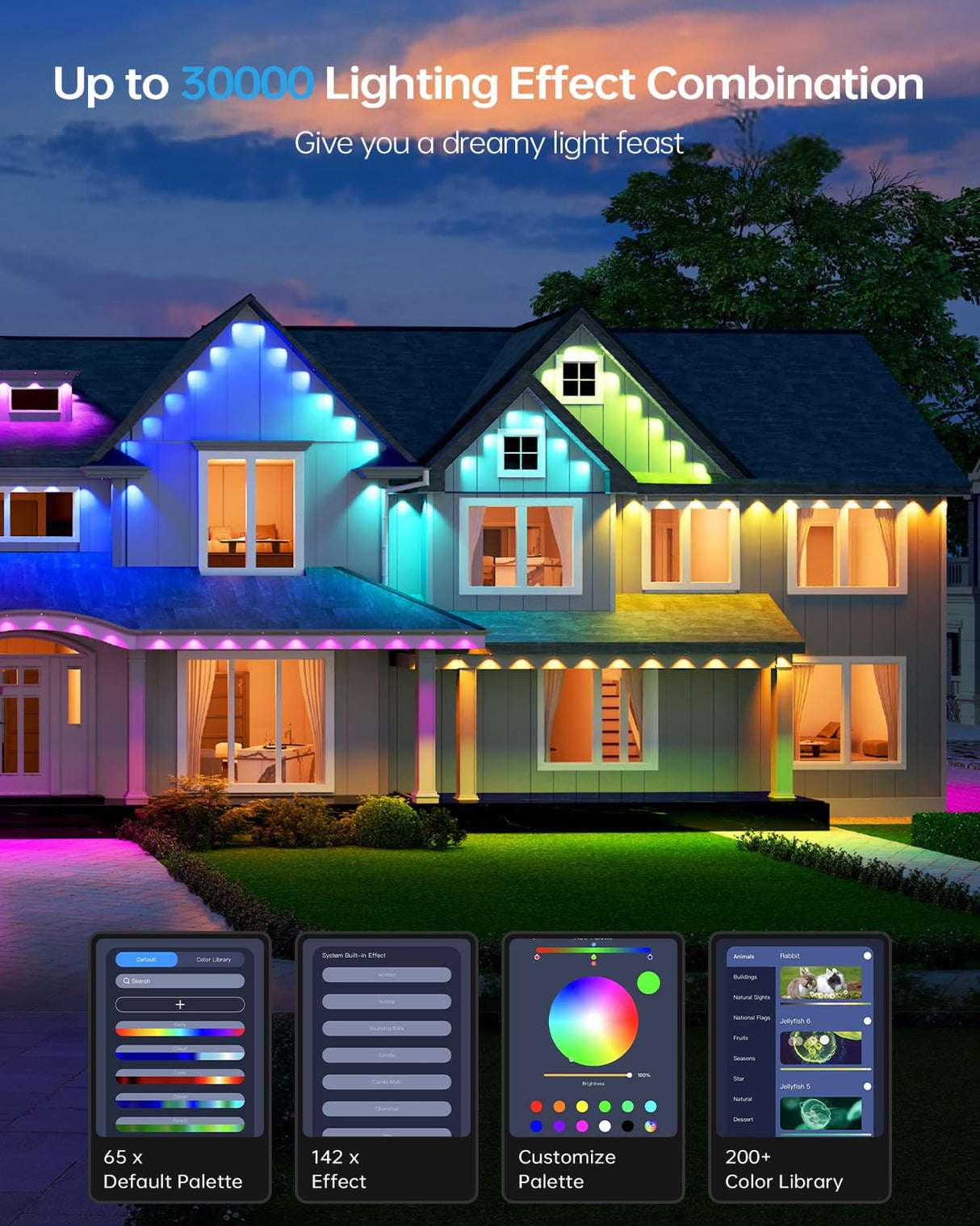 ASAHOM Permanent Outdoor Light Pro S108B, 100FT with 72 RGBCW 70lm LED, WLED Integration, AI Lighting, 30000 Lighting Effect Combination, IP67 Waterproof for Halloween Christmas and Daily Decor, White ASAHOM