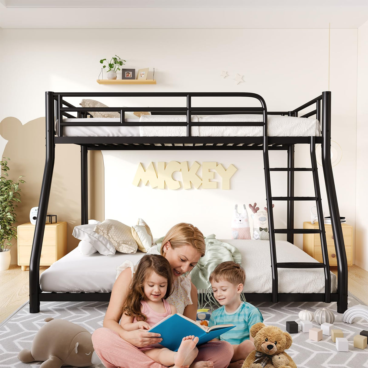 Metal Twin Over Full Bunk Bed,Bunk Beds Twin Over Full Size with Removable Wide Ladder and Full-Length Guardrail,Low Full BunkBeds Frame Heavy Duty steel Slat Support For Adults Kids and Young Teens erosoei