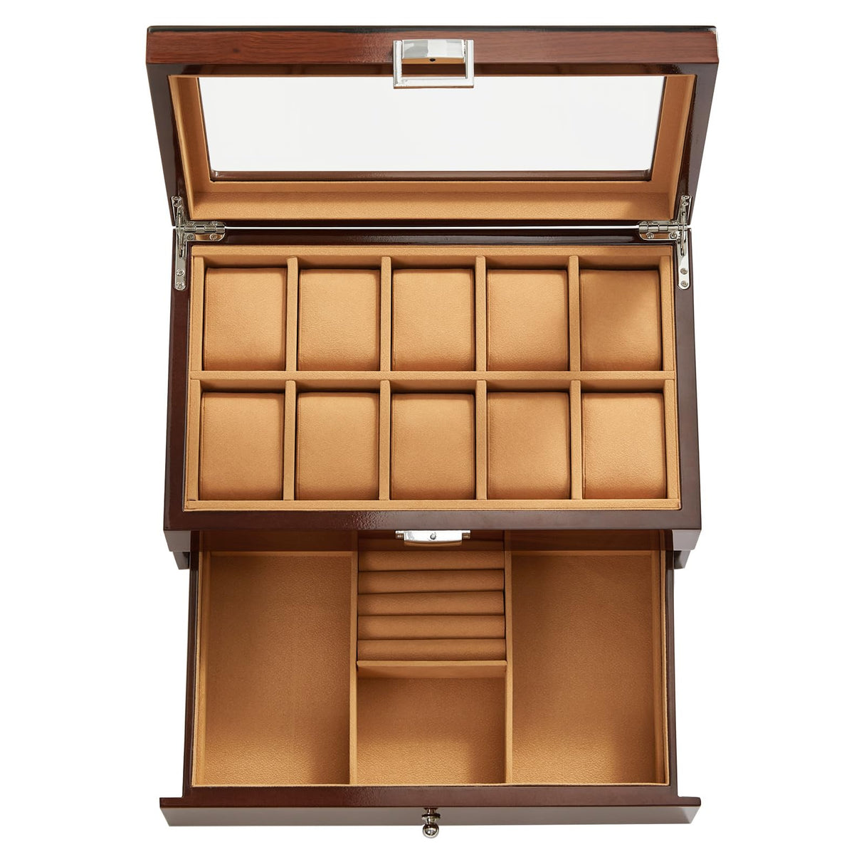 Homruilink 10-Slot Wooden Watch Box, Wood Watch Case with Drawer, Watch Display Box with Glass Lid, 2-Layer Watch Holder for Jewelry and Watch Storage for Men Women Homruilink