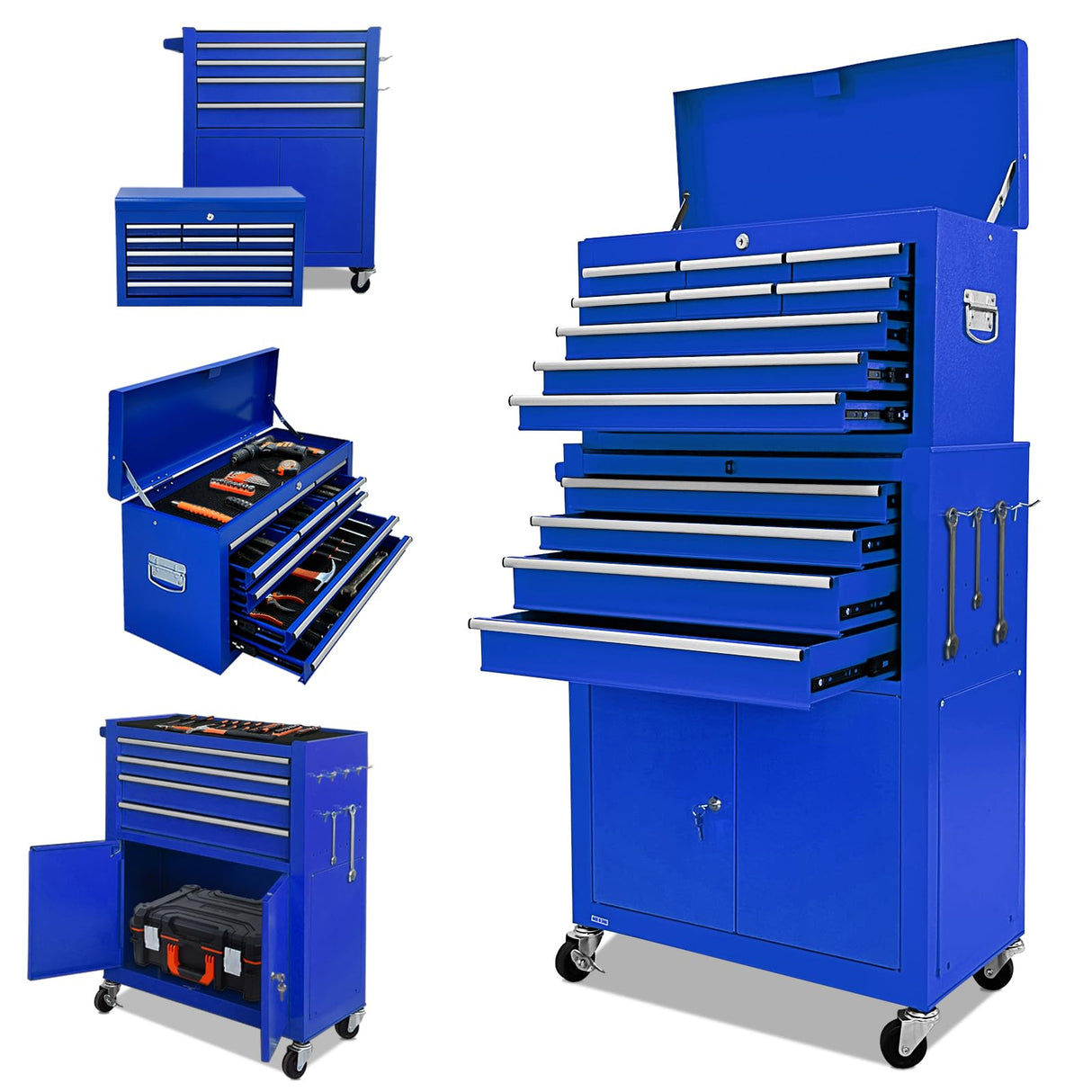 Kirmosal 13-Drawer Tool Chest with Double Door Handle,2 in 1 Detachable Rolling Tool Chests with Wheels and Drawers,Large Tool Box with Lock,Mobile Steel Tool Cabinet Storage (Blue) Kirmosal
