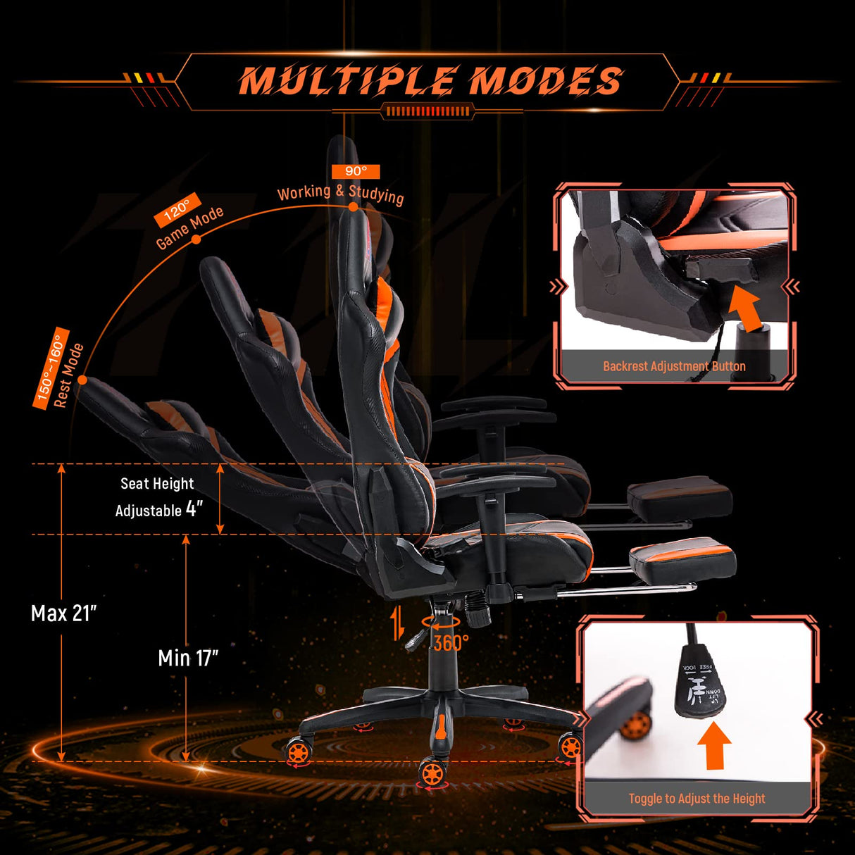 AA Products Gaming Chair Ergonomic High Back Computer Racing Chair Adjustable Office Chair with Footrest, Lumbar Support Swivel Chair - BlackOrange AA Products Inc.