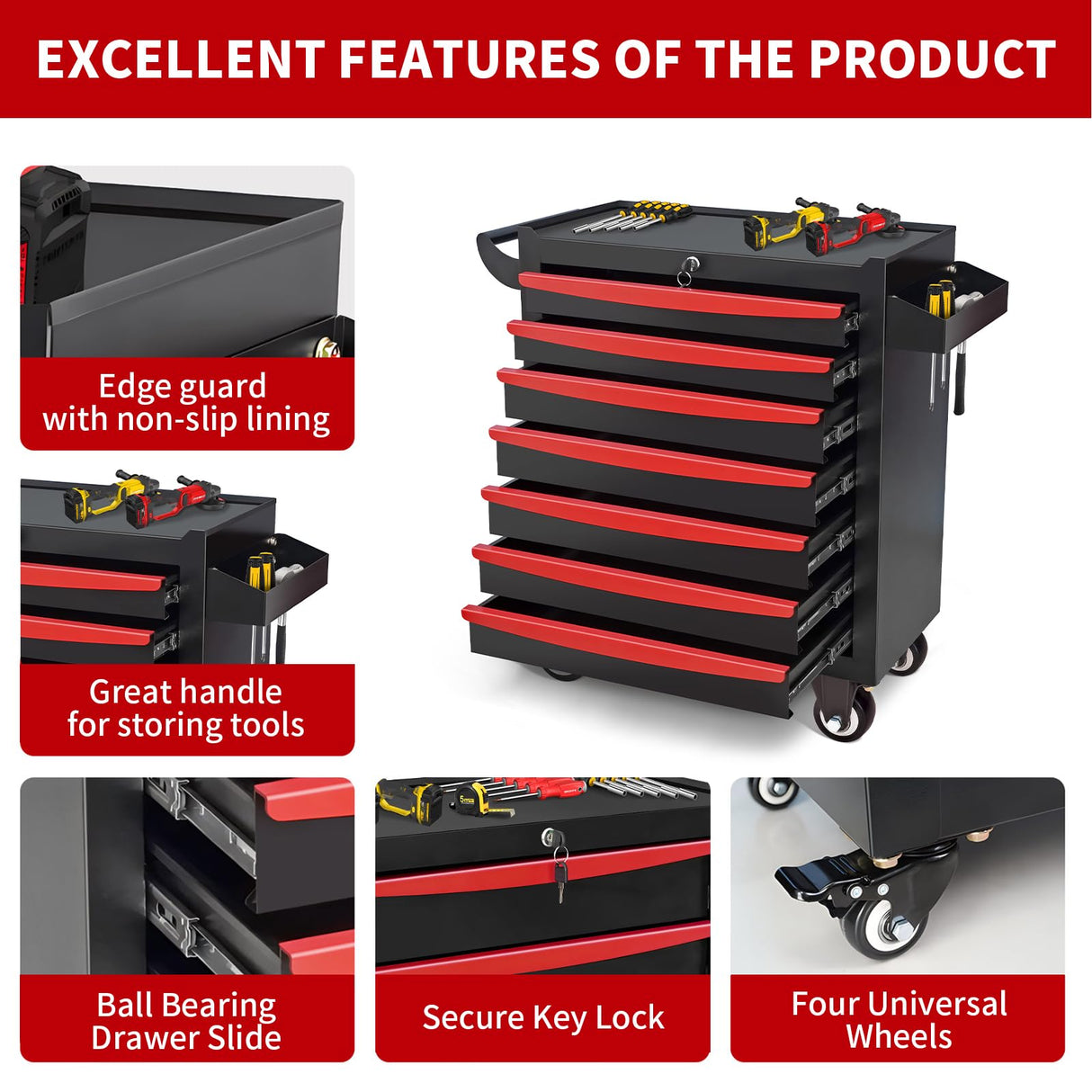 Barphygo 7-Drawer Rolling Tool Chest, Metal Tool Box with Wheels & Lock Garage Storage Cabinets Tool Cart Toolbox Organization Workbench for Workshop, Warehouse & Repair Shop Barphygo