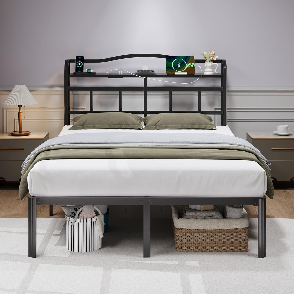 HAVONIZD Full Bed Frame - Storage Headboard with Charging Station & Galaxy Aurora Projector, 14 Inch Sturdy Metal Platform Bed Frame No Box Spring Needed, Easy Assembly, No Noise, Black HAVONIZD