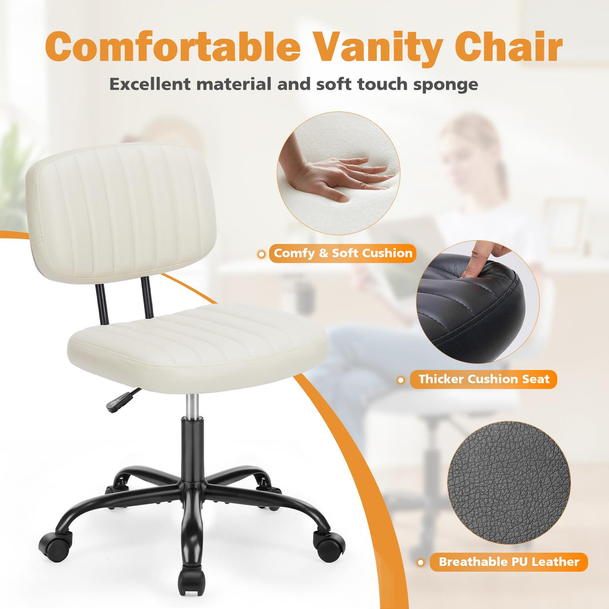 Sweetcrispy Small Office Computer Desk Chair with Wheels and Lumbar Support, Comfy Cute Armlees PU Leather Vanity Rolling Swuvel Task Chair No Arm for Adult, Student Sweetcrispy