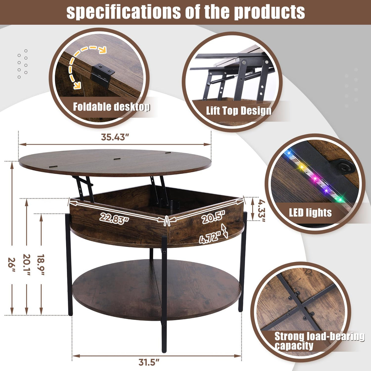 Mmucco 35.43" Round Lift Top Coffee Table with 2-Tier Storage, Circle Storage Coffee Tables with LED Light for Living Room,Round Storage Coffee Table for Home Office Mmucco