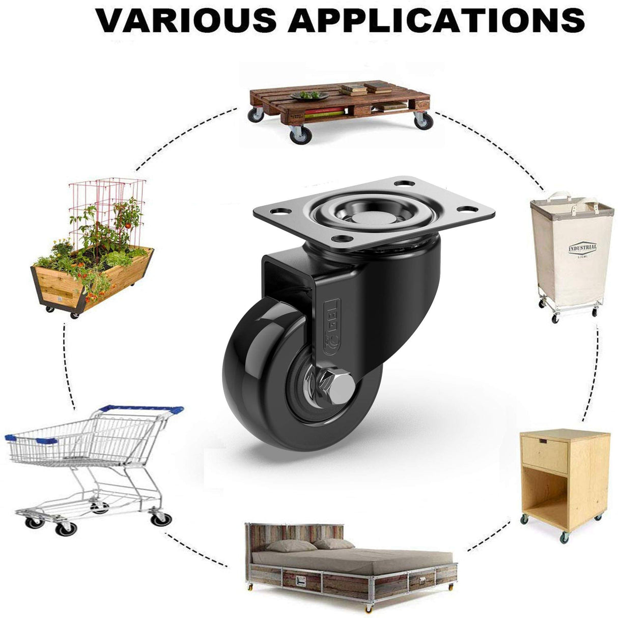 GBL 2" Heavy Duty Caster Wheels Without Brakes + Screws - up to 440Lbs - Set of 4 No Floor Marks Silent Castor for Furniture - Rubbered Trolley or Pallet Swivel Wheels - Black Casters GBL
