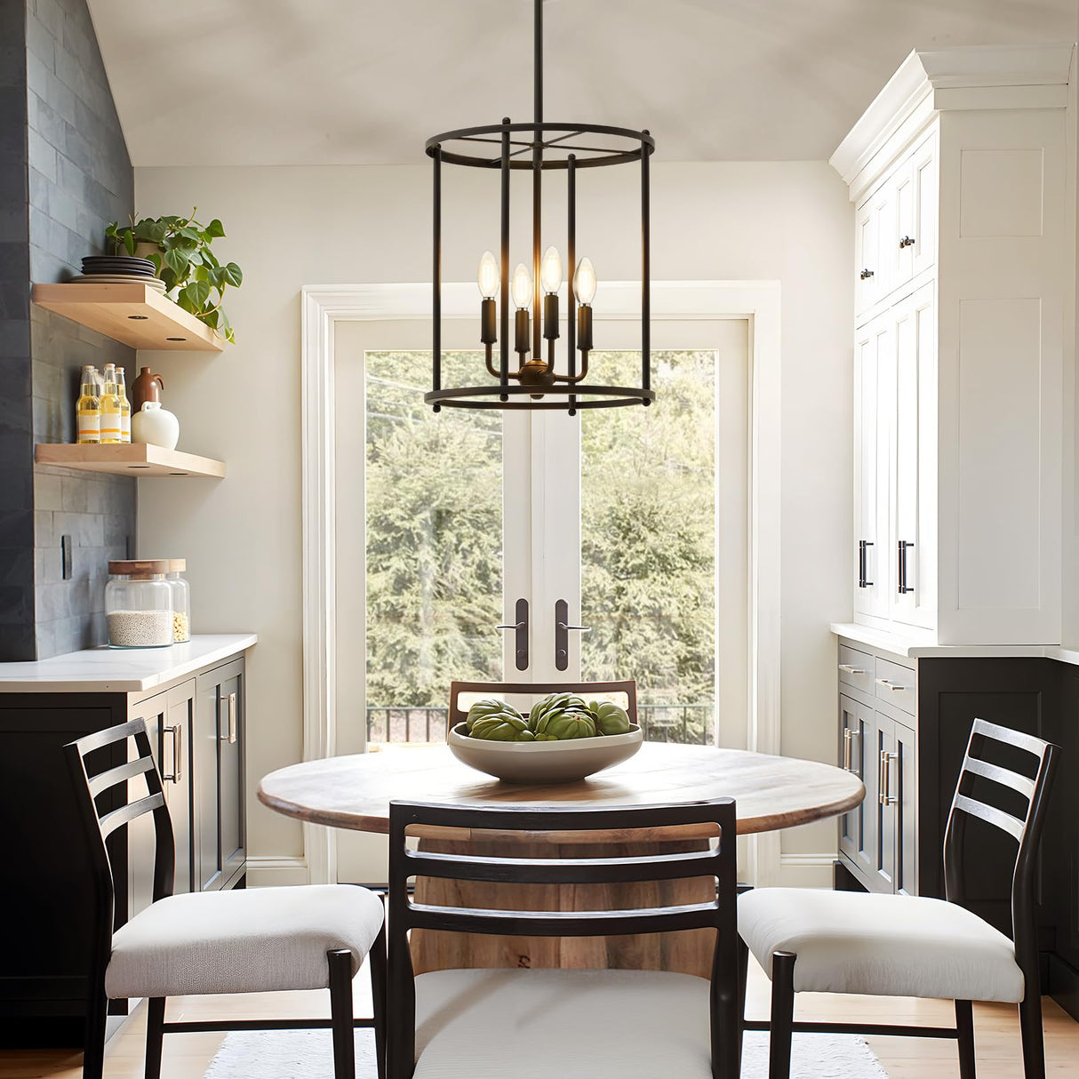 Luvkczc 4-Light Black Chandelier, Industrial Black Lantern Ceiling Light Fixtures with Rustic Metal Cage Adjustable Height Farmhouse Geometric Hanging Light for Kitchen Island, Dining Room, Entryway Luvkczc