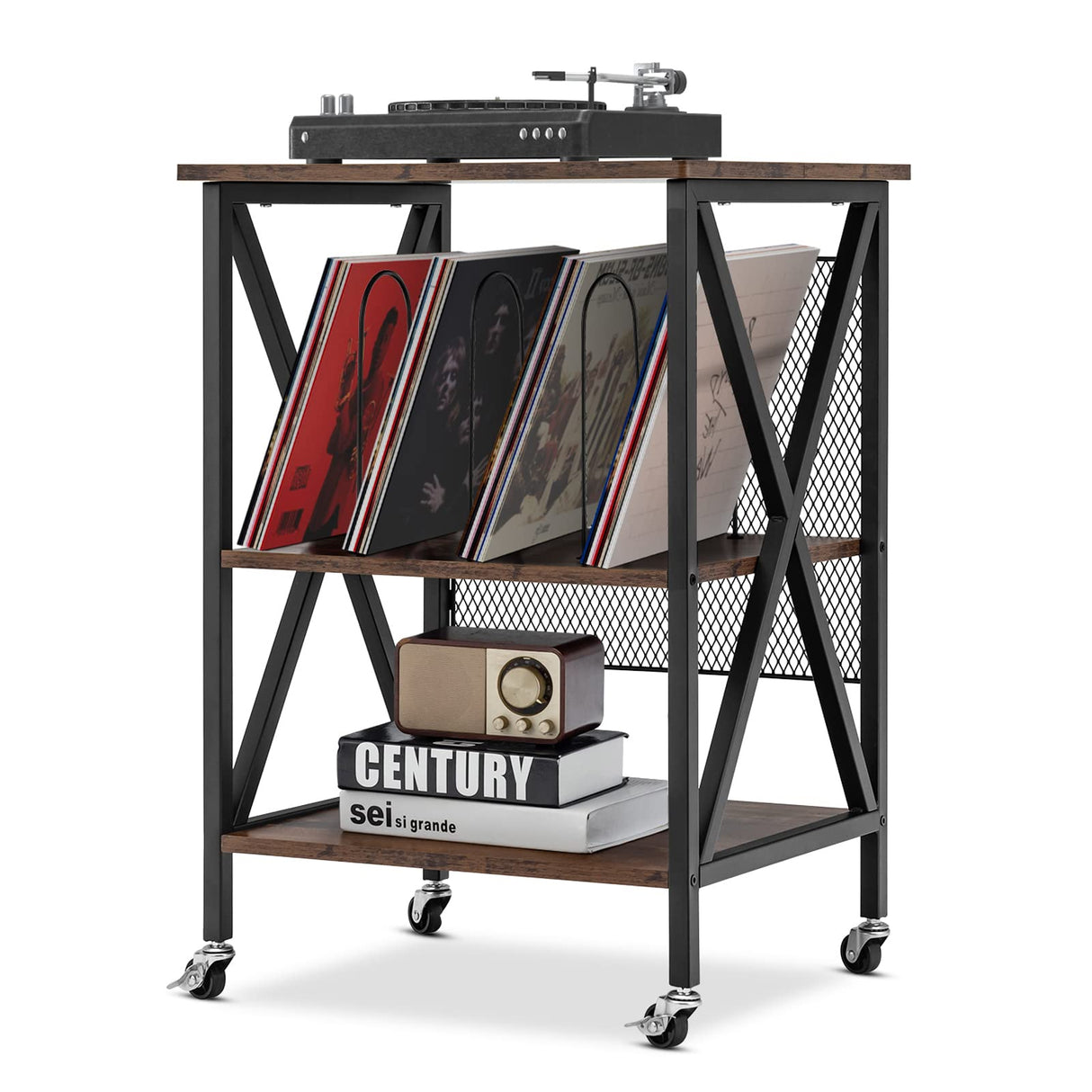 Giantex Record Player Stand, Vinyl Record Storage Table w/ 3 M-shaped Dividers & 4 Rolling Wheels, Turntable Stand Holds Up to 250 Albums for Living Room, Office, Rustic Brown Giantex