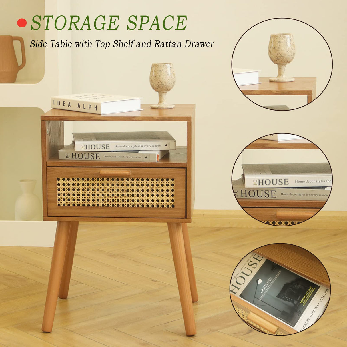 MaxSmeo Mid Century Modern Nightstand with Drawer, Small Nightstand Bedside Table, Brown Rattan Nightstand, Wood End Table for Bedroom, Living Room (Brown) MaxSmeo