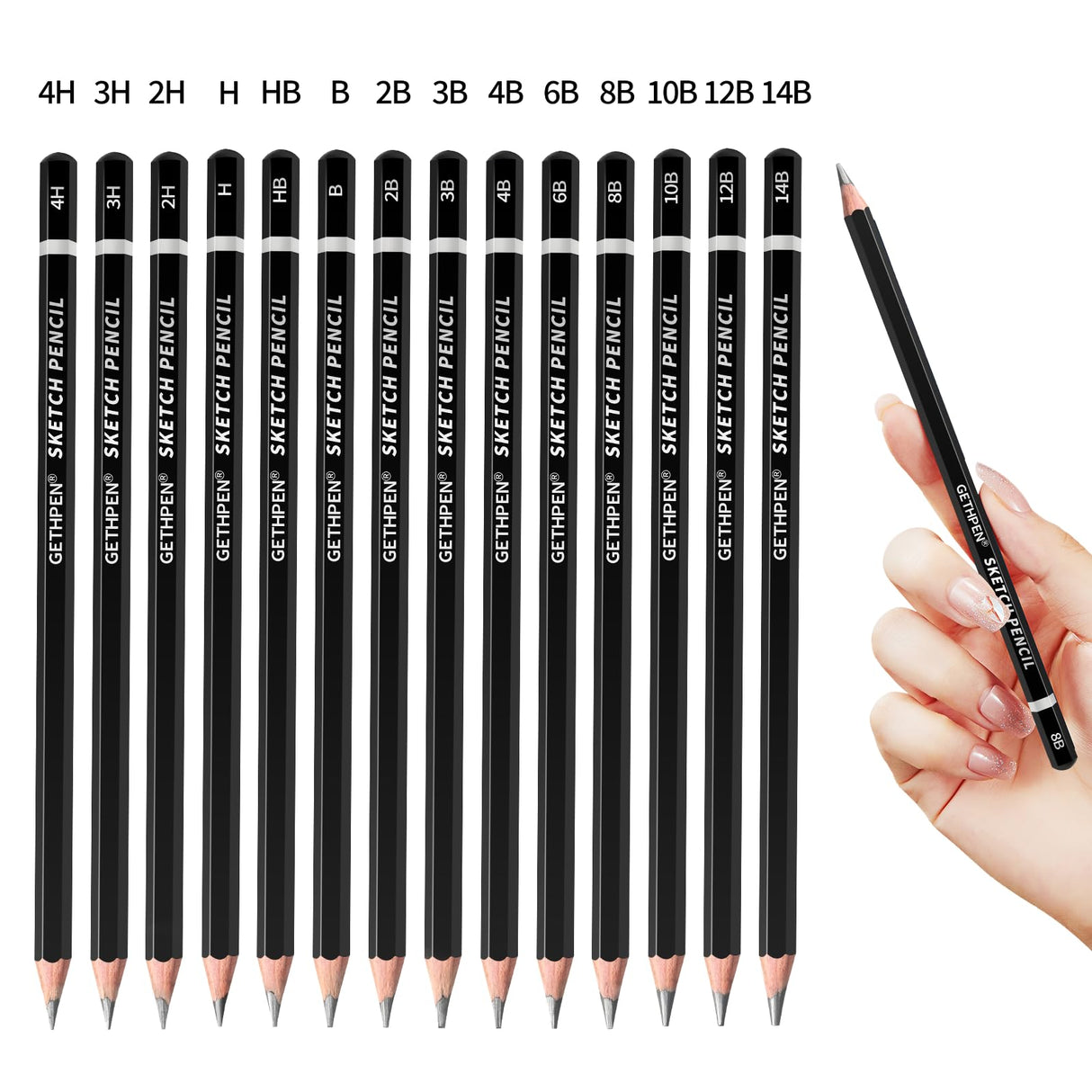 GETHPEN Professional Drawing Sketching Pencil Set - 14 Pieces Graphite Pencils(14B - 4H), Ideal for Drawing Art, Sketching, Shading, Artist Pencils for Beginners & Pro Artists GETHPEN