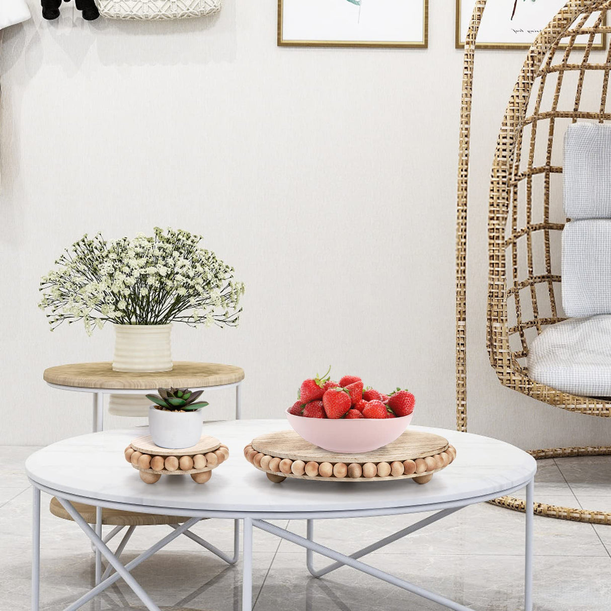 Peohud Set of 3 Wood Risers for Display, Farmhouse Wooden Pedestal Stand, Rustic Stool Plant Pot Holder, Beaded Display Riser for Tiered Tray Home Kitchen Counter Table Decor, 9.5/6/4 Inches Peohud