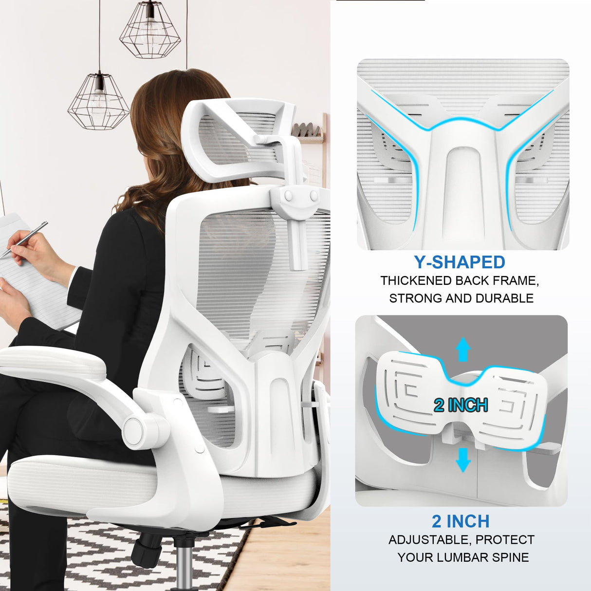 Home Office Chair, Ergonomic Comfy Desk Chair, High Back Computer Chair- Adjustable Headrest with Flip-Up Arms, Lumbar Support, Swivel Executive Task Chair (Modern, White) CYKOV