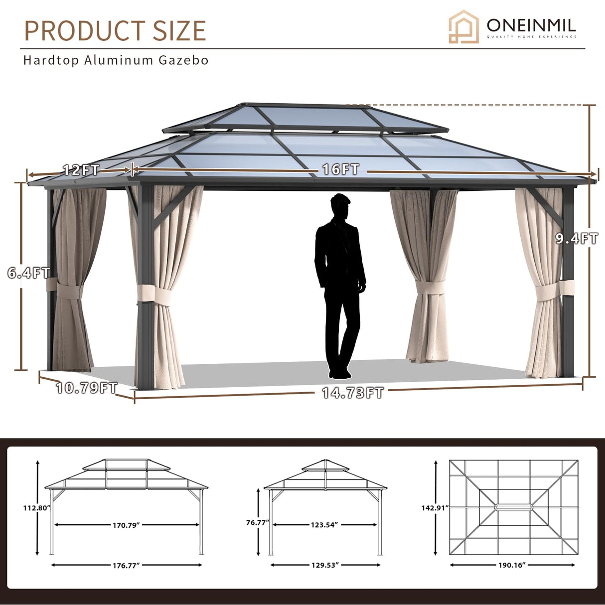 oneinmil 12x16FT Outdoor Polycarbonate Gazebo, Heavy Duty Double Roof Hardtop Gazebo with Aluminum Frame and Netting and Curtains for Patios oneinmil