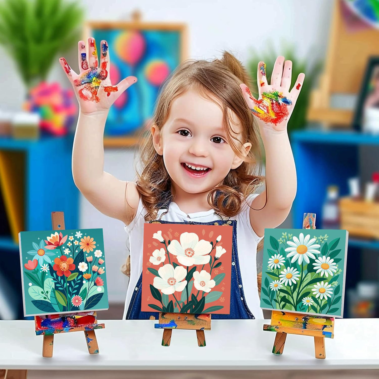cviokrdu 4 Pack Paint by Numbers Kit for Kids with Frame - Wooden Easel, Flowers Paint by Numbers for Kids Ages 4 8 12, Easy Flower Acrylic Oil Painting Kits for Home Wall Decoration 8x8 inch cviokrdu