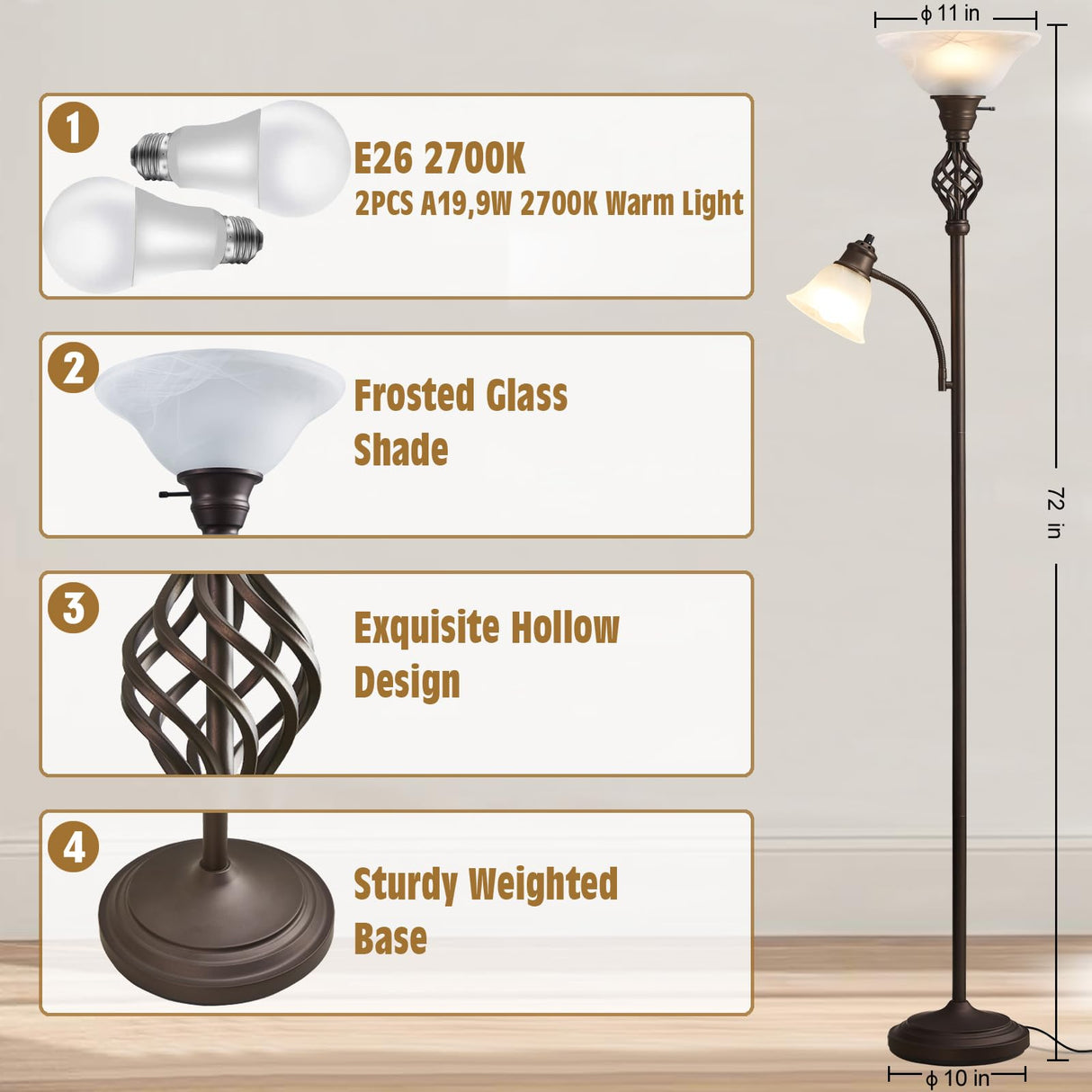 Torchiere Floor Lamp for Living Room, LED Standing Reading Light for Bedroom with Glass Shade for Living Room Corner Bedroom Home Office,Bulbs Included (Red Brown,Glass 2 Head) GyroVu