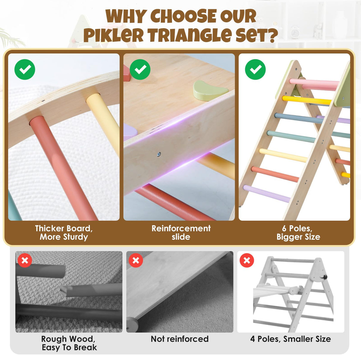 Pikler Triangle Set 7in1 Montessori Climbing Set, Foldable Climbing Toys for Toddlers 1-3 Inside, Wooden Pikler Triangle Climbing Set with Arch&Ramp&Ladder, Pickler-3 Piece Baby Climbing Gym Indoor Takeeyce