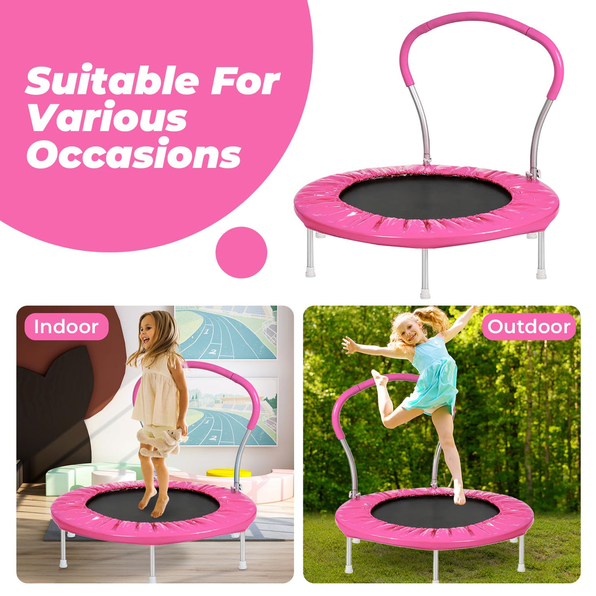 Roinoim 36 Inch Mini Trampoline for Kids with Handle, Indoor Round Toddler Trampoline, Pink Roinoim