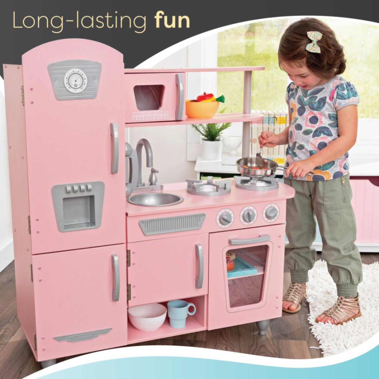 KidKraft Vintage Wooden Play Kitchen with Pretend Ice Maker and Play Phone, Pink KidKraft