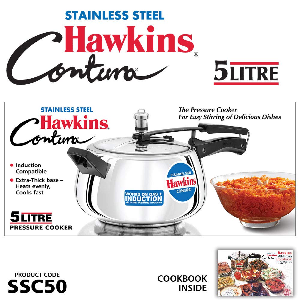 Hawkins 5 Litre Contura Pressure Cooker, Stainless Steel Inner Lid Cooker, Handi Cooker, Induction Cooker, Silver (SSC50) HAWKINS