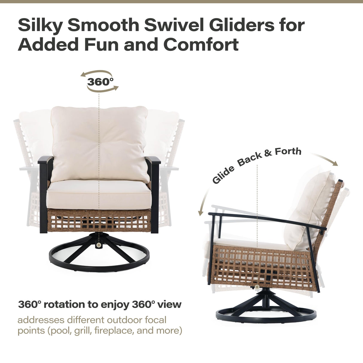 LAUSAINT HOME 3 Pieces Outdoor Swivel Rocker Patio Chairs, Wicker Patio Bistro Set with 2 Rocking Chairs and 1 Coffee Table, Patio Furniture Set with Thickened Cushions for Porch, Backyard (Beige) LAUSAINT HOME