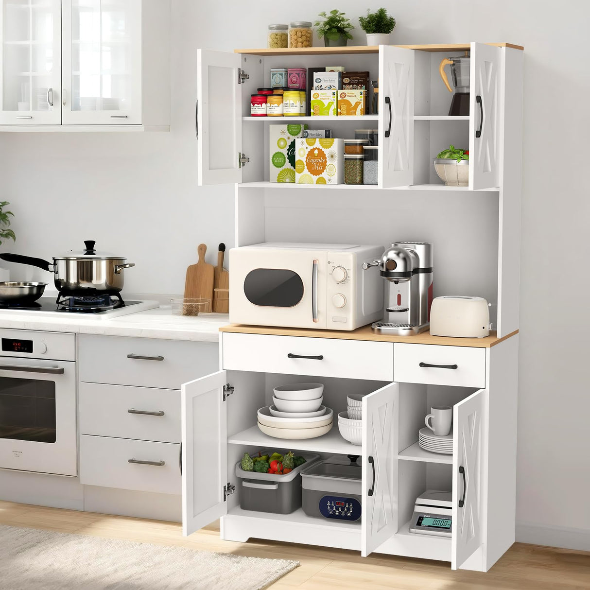 Huisenitre 70 inch Kitchen Pantry Cabinet with Ports, Pantry Cabinet with Microwave Rack, Farmhouse Style Kitchen Pantry with Storage Drawers, Suitable for Living Room, Dining Room, etc (White) Huisenitre