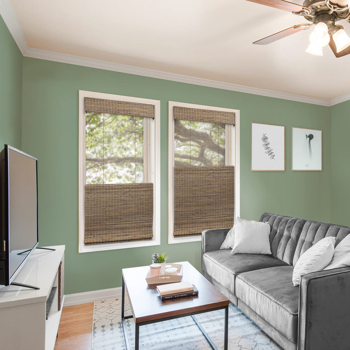 CHICOLOGY Top Down Bottom Up Cordless Bamboo Blinds, Bamboo Blinds, Roman Window Shade, Window Shade Roman, Patio Blinds and Shades, Porch Shades Outdoor Roll Up, Smokey Ash, 34" W X 64" H CHICOLOGY