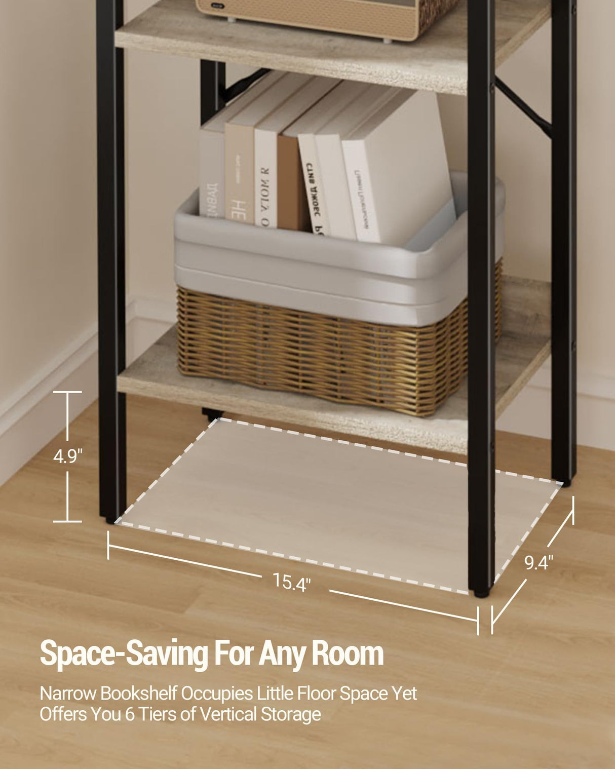 Hzuaneri Bookshelf, Book Shelf, Industrial Bookcase with 2 Hooks, Coner Shelf Storage Organizer for Home Office, Living Room, Bedroom, Kitchen, 6-Tier Greige BC10705B Hzuaneri