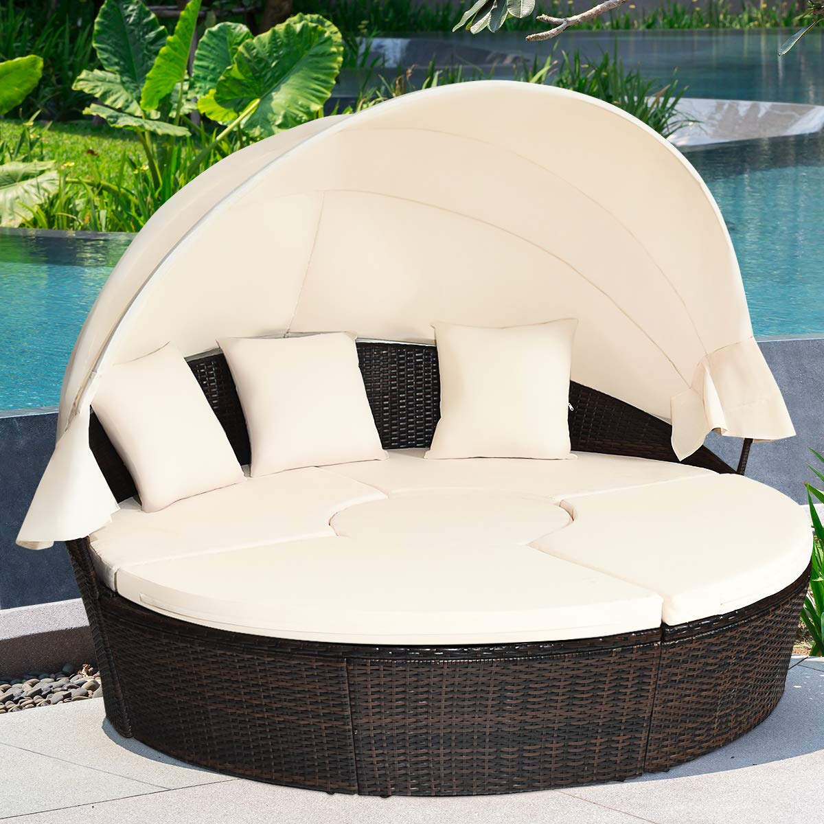 COSTWAY Patio Round Daybed with Retractable Canopy, Wicker Furniture Sectional Couch with Separate Cushioned Seats, Adjustable Table Top, Patio Rattan Daybed Sofa for Backyard, Poolside, White COSTWAY