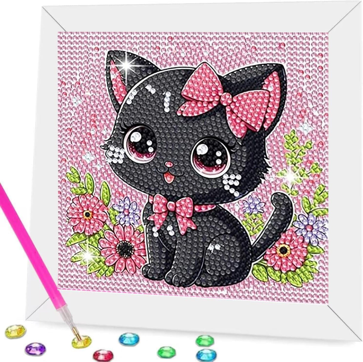 Diamond Art Kits for Kids with Wooden Frame, Cat Animal Diamond Art for Kids Ages 8-12, Full Drill Small Diamond Painting Kits for Kid Beginners, DIY Big Gem Art for Home Wall Art Decor 7X7 inch CSZPPQAF