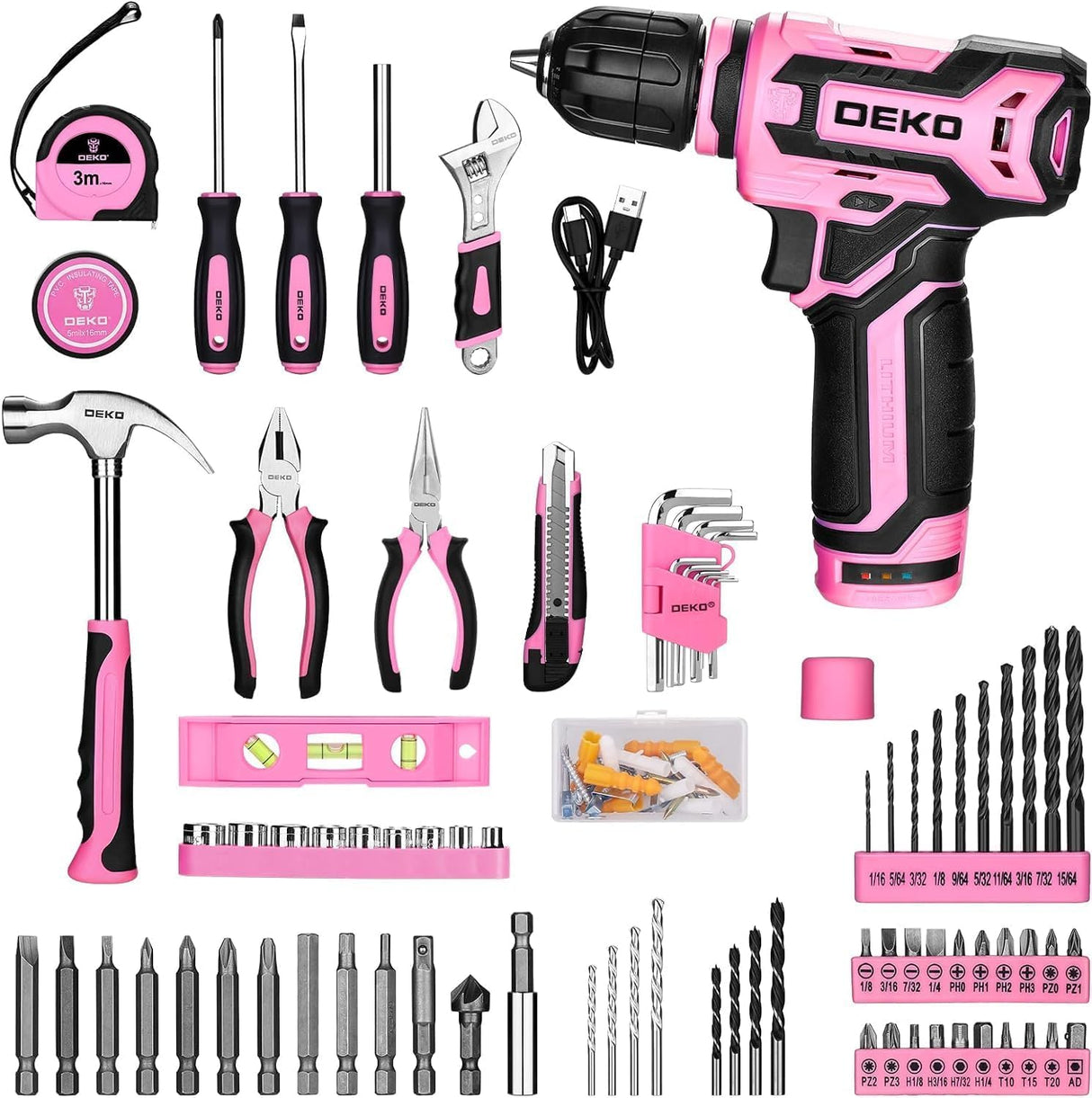 Pink Drill Tool Set Kit: Power Cordless Drill Tool Box with 12V Battery Electric Pink Drill Driver Set for Women Home Hand Repair Tools Sets Drills Case DEKOPRO