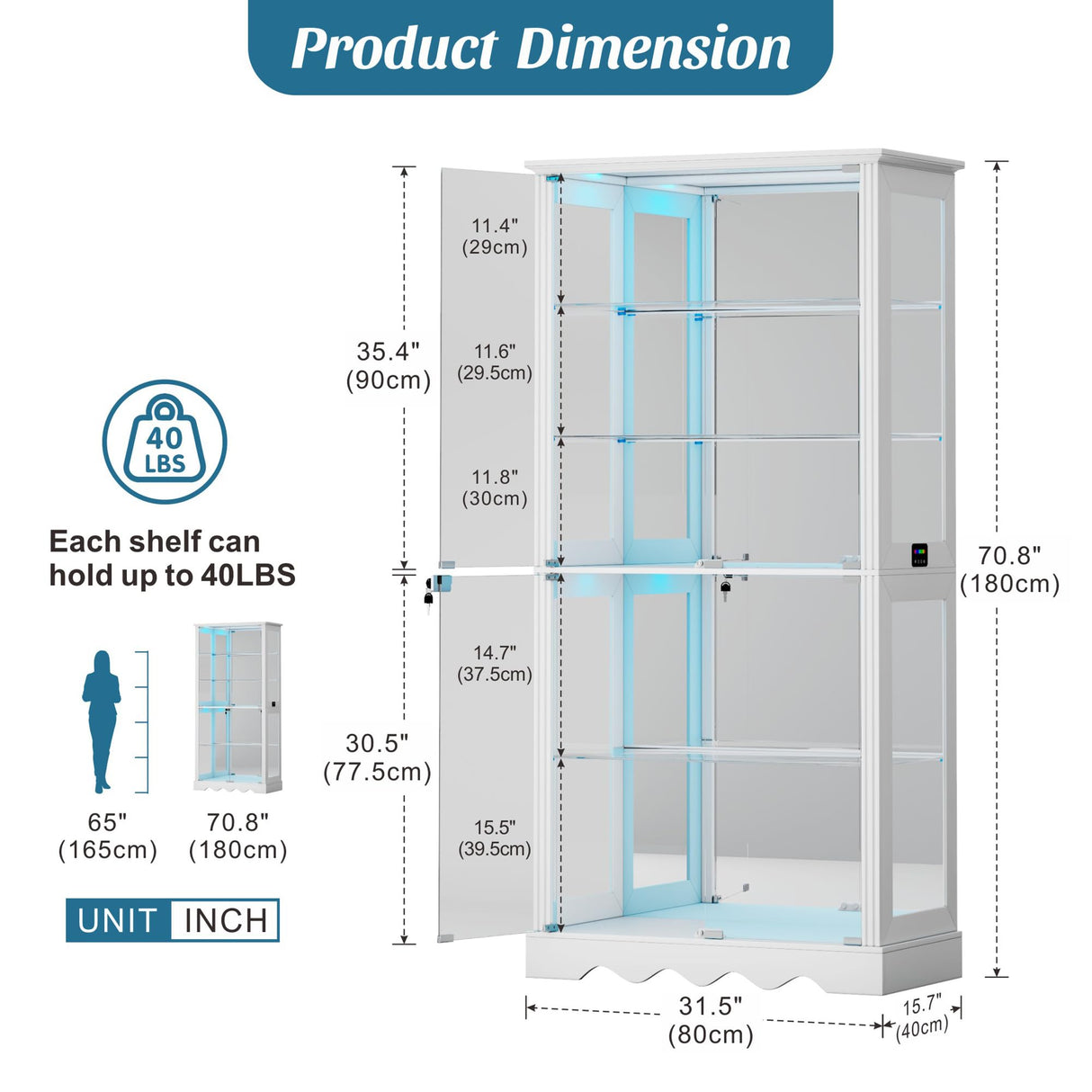 Dystler Glass Display Cabinet with RGB Light, 5-Tier Curio Cabinet for Collectibles, Display Case with Removable Shelves, Human Sensor Design, White Dystler