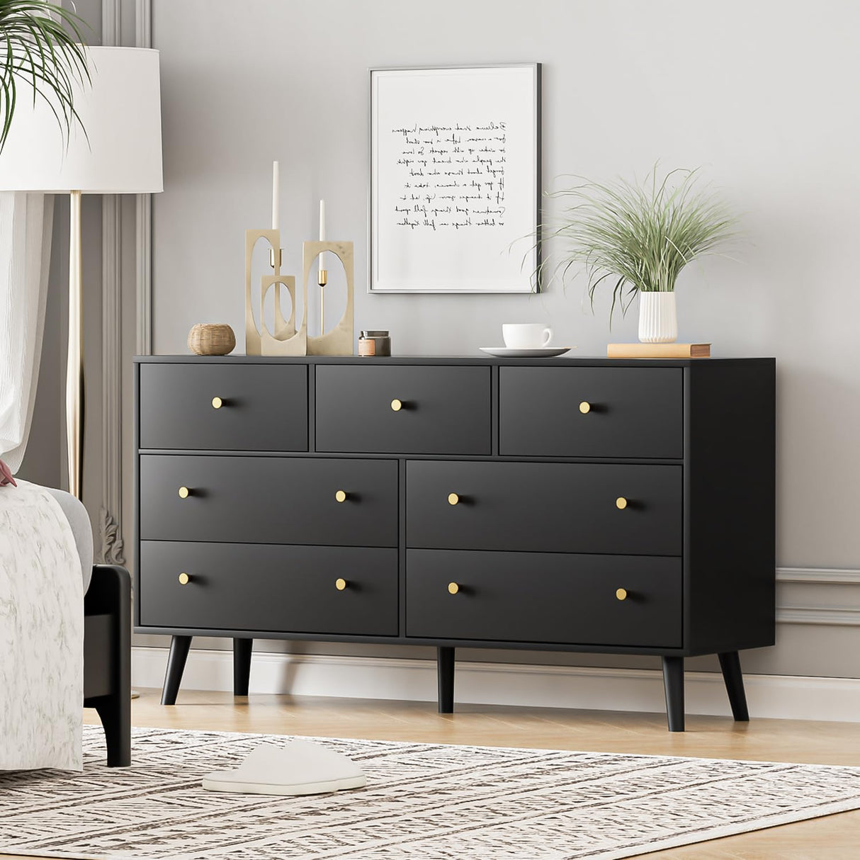 Wananlanen 7 Drawers Dresser for Bedroom, 55'' Dressers & Chests of Drawers with Gold Handles and 7 Large Drawer, Modern Double Wooden Storage Organizer Cabinet, Hallway, Black Wananlanen