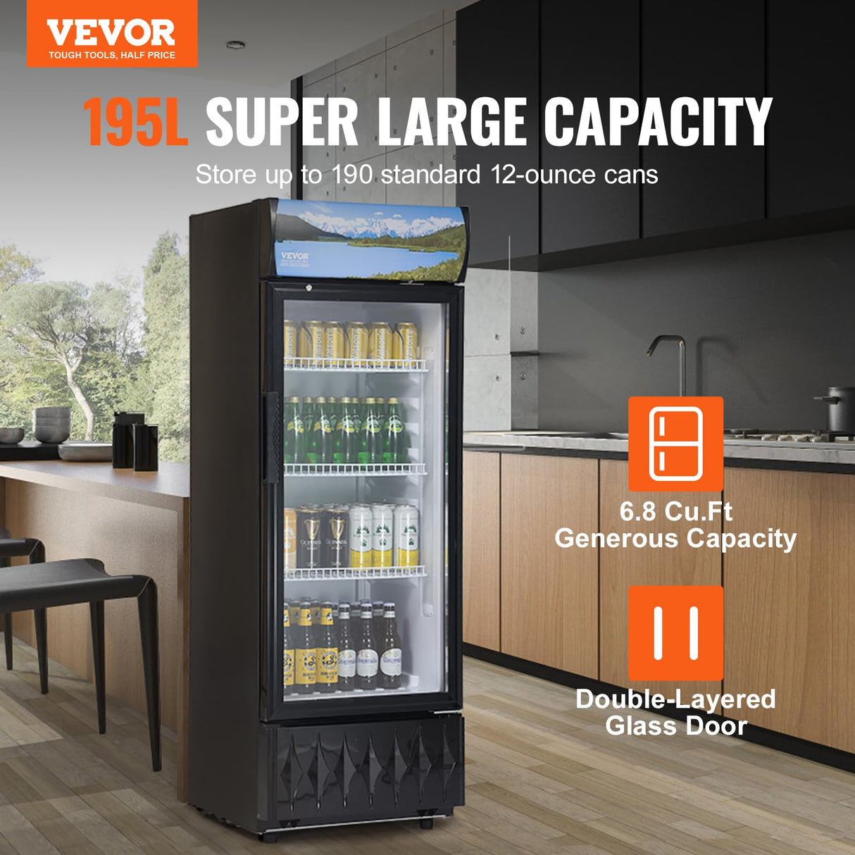 VEVOR Commercial Merchandiser Refrigerator, 6.8 Cu.Ft / 195L Beverage Refrigerator Cooler Merchandiser, Glass Door Display Refrigerator Upright Fridge with 3 Adjustable Shelves, Customizable Lightbox VEVOR