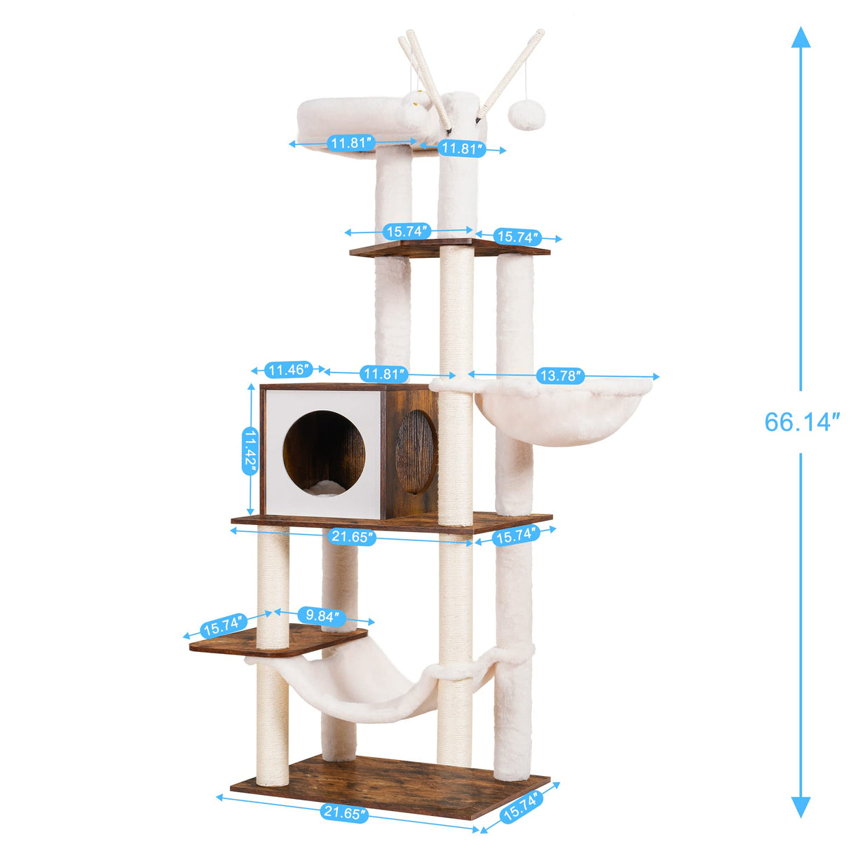 Hey-brother Wooden Cat Tree, 66.1“ Cat Furniture with Scratching Posts, Modern Cat Tower with hammocks, Toys, cat condo, Rustic Brown MPJ120SR Hey-brother