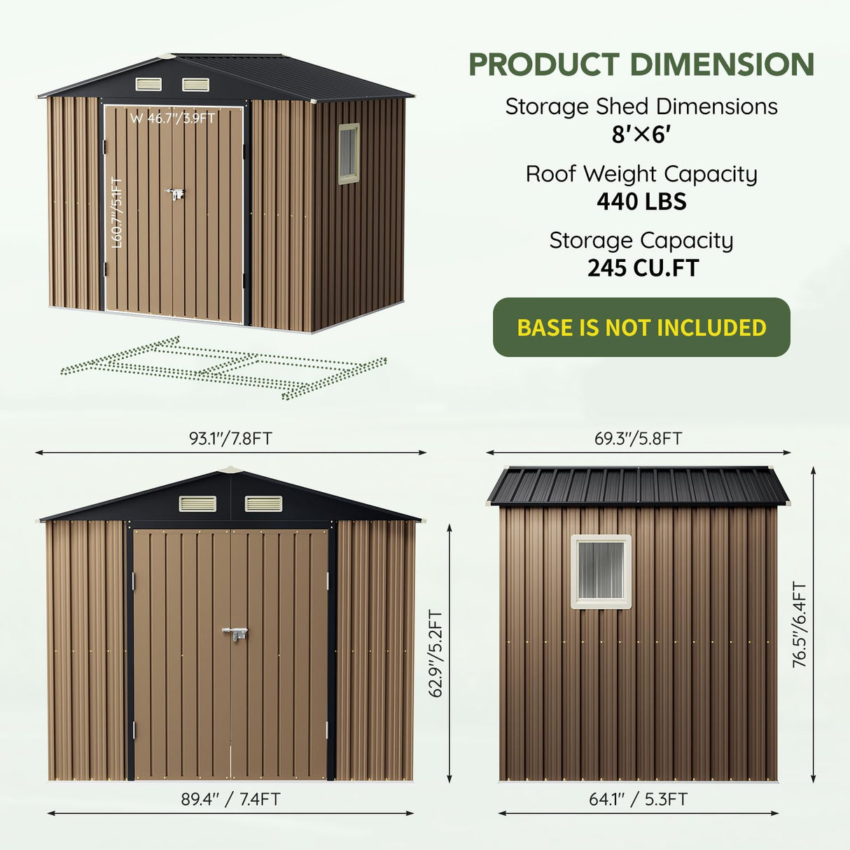 Grovellis 6x8FT Outdoor Metal Storage Shed, Double Door, 1 Clear Window, Tool Shed for Garden, Patio, Backyard Brown Grovellis